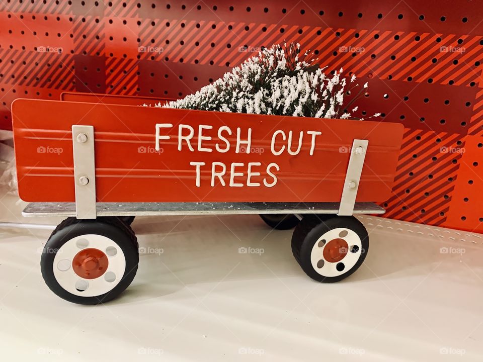 A red wagon with a Christmas tree 