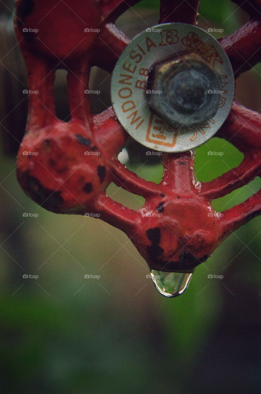 Macro photo of an old found water spigot with water drops on copper pipe used to hold up tomato plant limbs in garden 