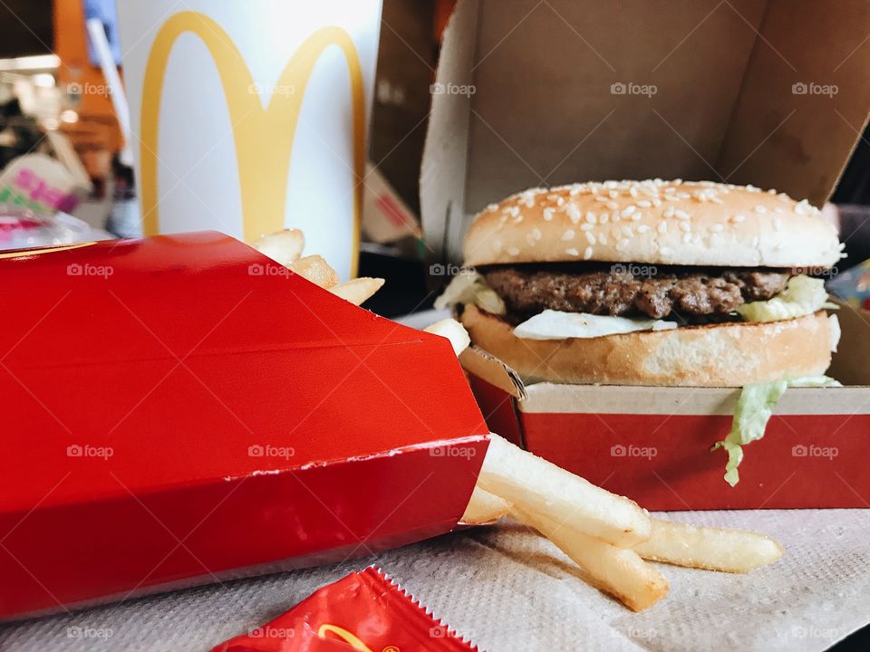 Fresh and tasty Big Mac meal from McDonald’s complete with yummy French fries and a refreshing Coke. 