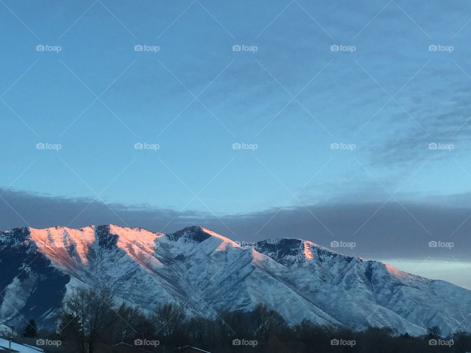 Springville, Utah at 5:07PM on December 27, 2017. The snowy mountains are beautiful while the sun is setting! 