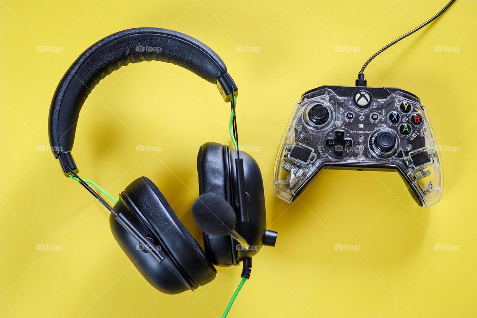 Gaming accessories on yellow