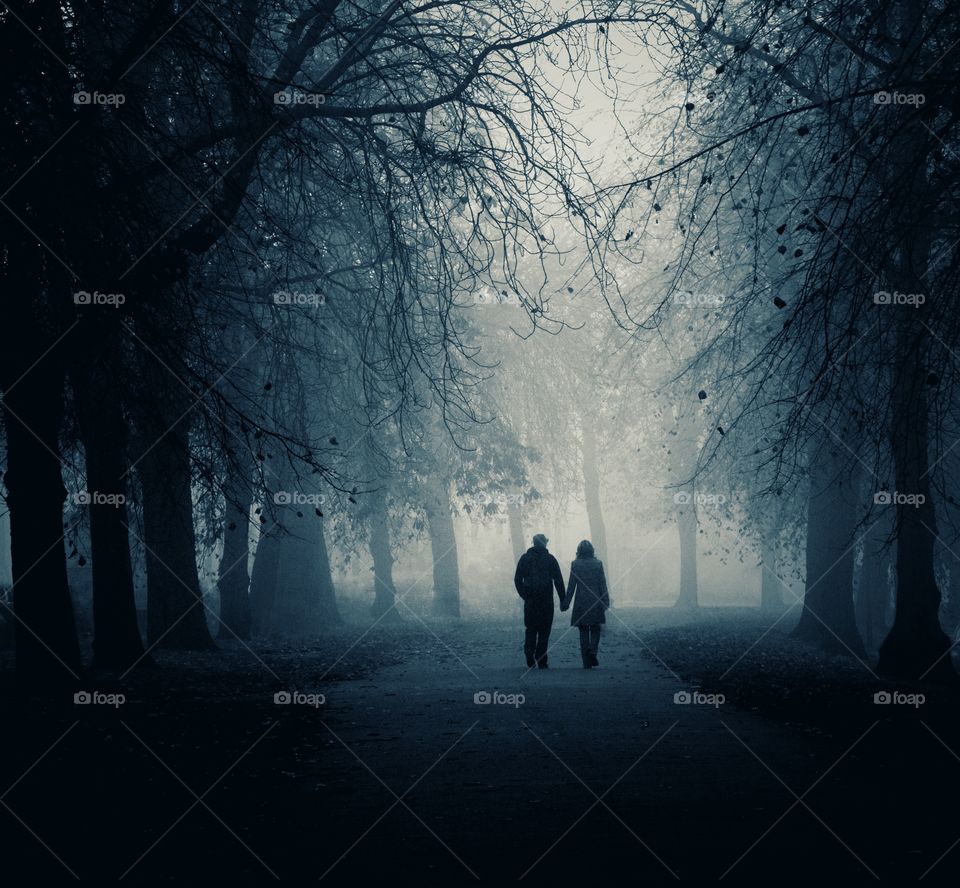 Couple walking through fog