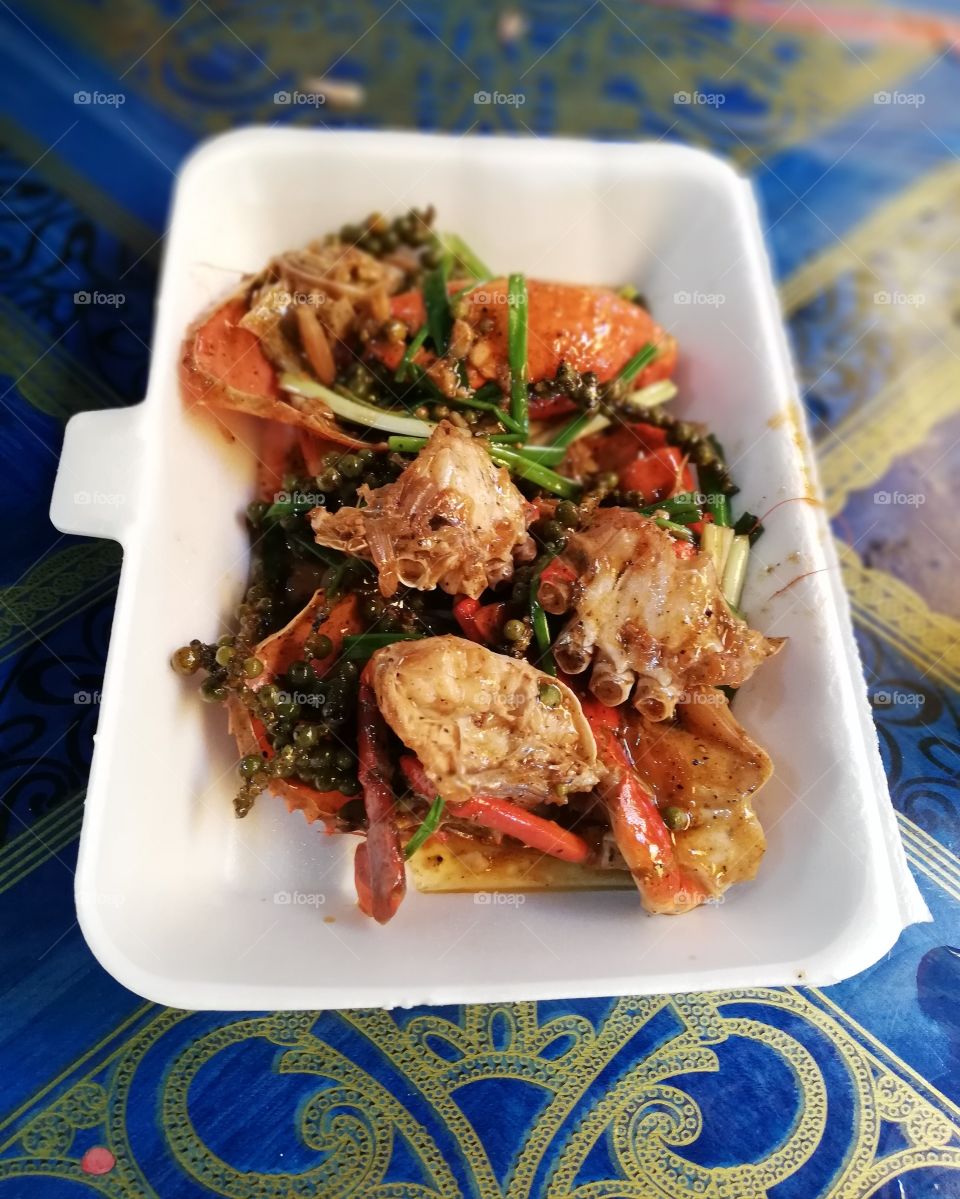 Crab dish, street market food in cambodia