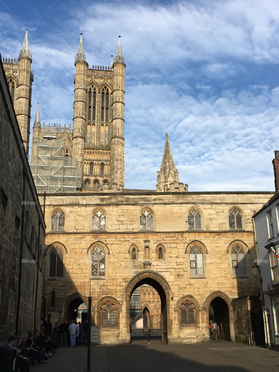View of Exchequergate in Lincoln with Lincoln Cathedral behind and a summer sky 