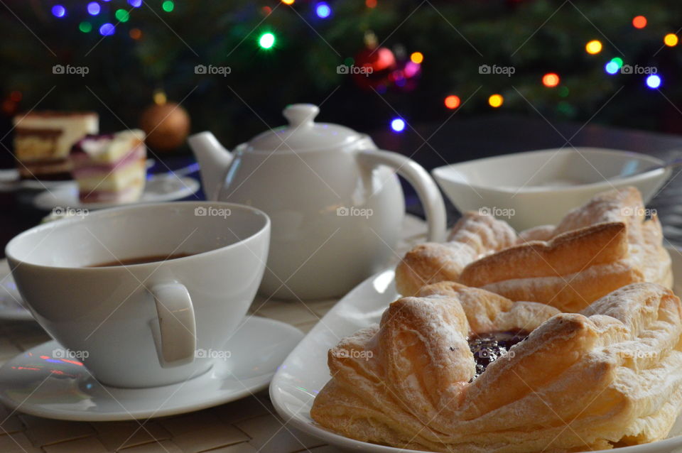 Close-up of tea and puff pastry