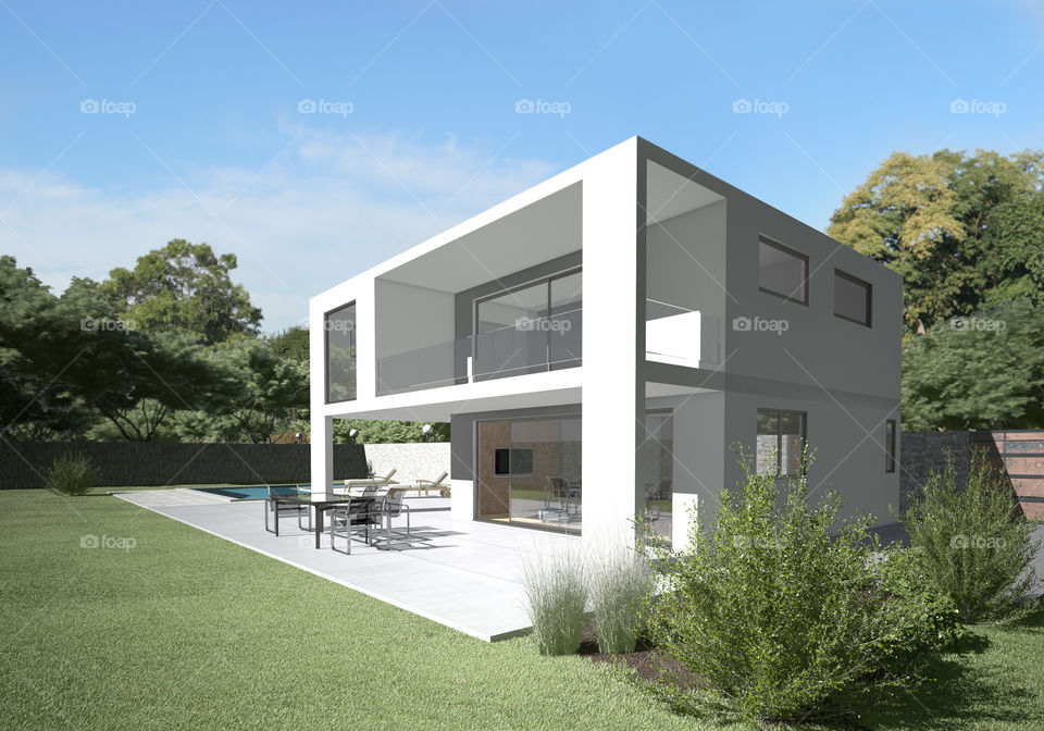 Modern villa with terrace and garden.

Clean design and materials. Peaceful background and sitting on the terrace the straight from living room.