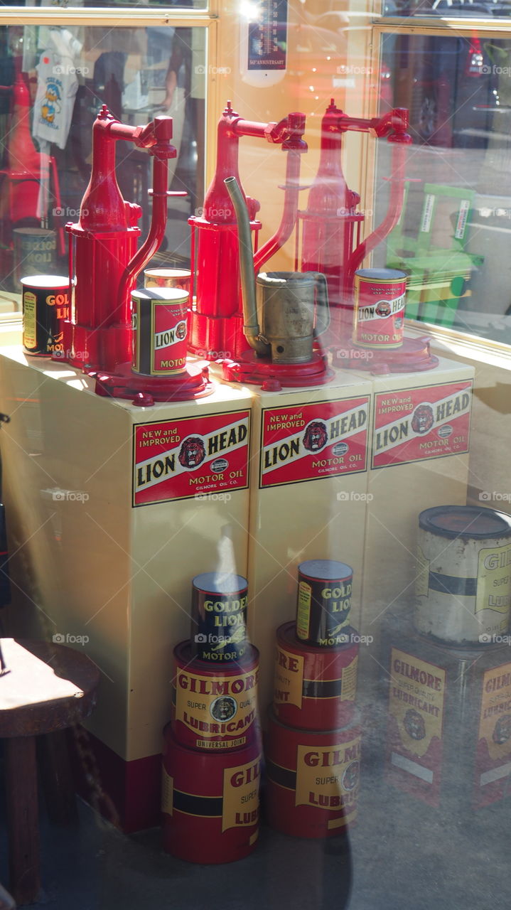 Vintage gas station oil cans. Gas station counter motor oil