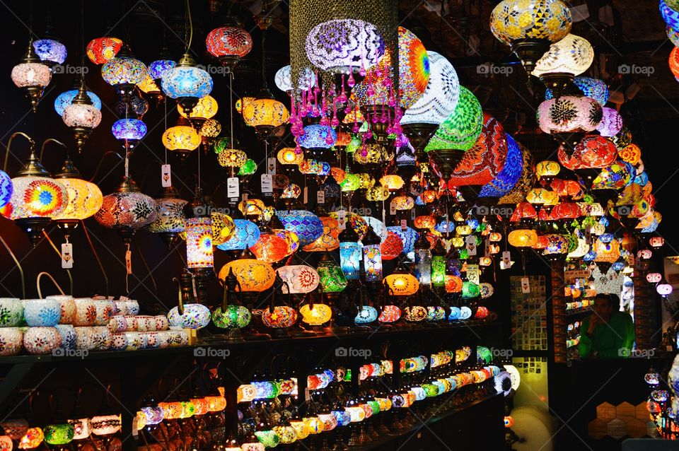 Turkish mosaic lamps at Camden Stables Market in London, England.