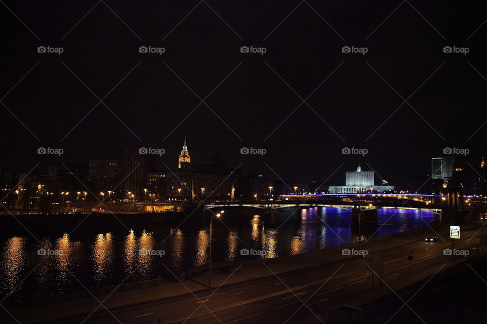 Berth, sunset, river,  Moscow, city, night city, Moscow does not sleep