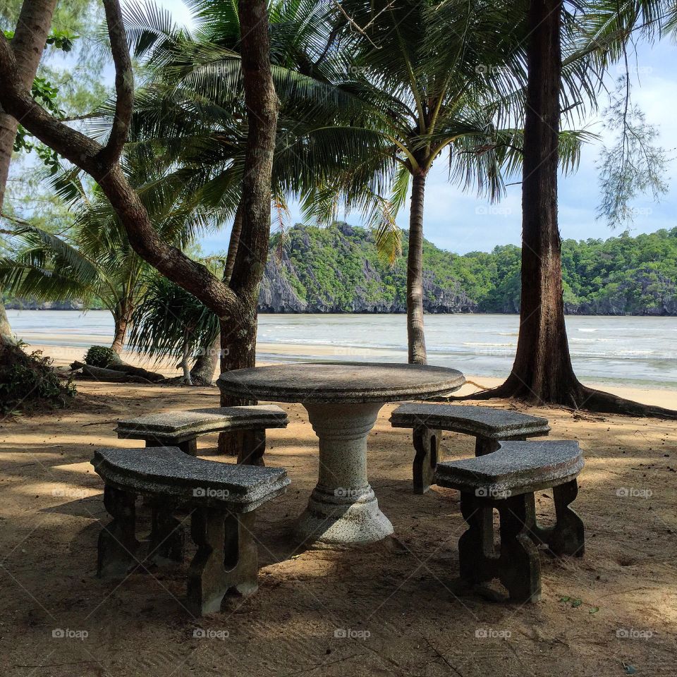 A set of table and benches in the park near the beach