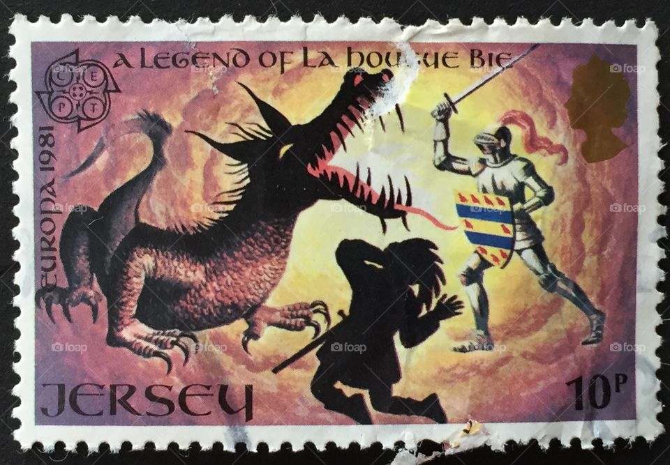Jersey stamp Europa 1981 showing dragon night and peasant