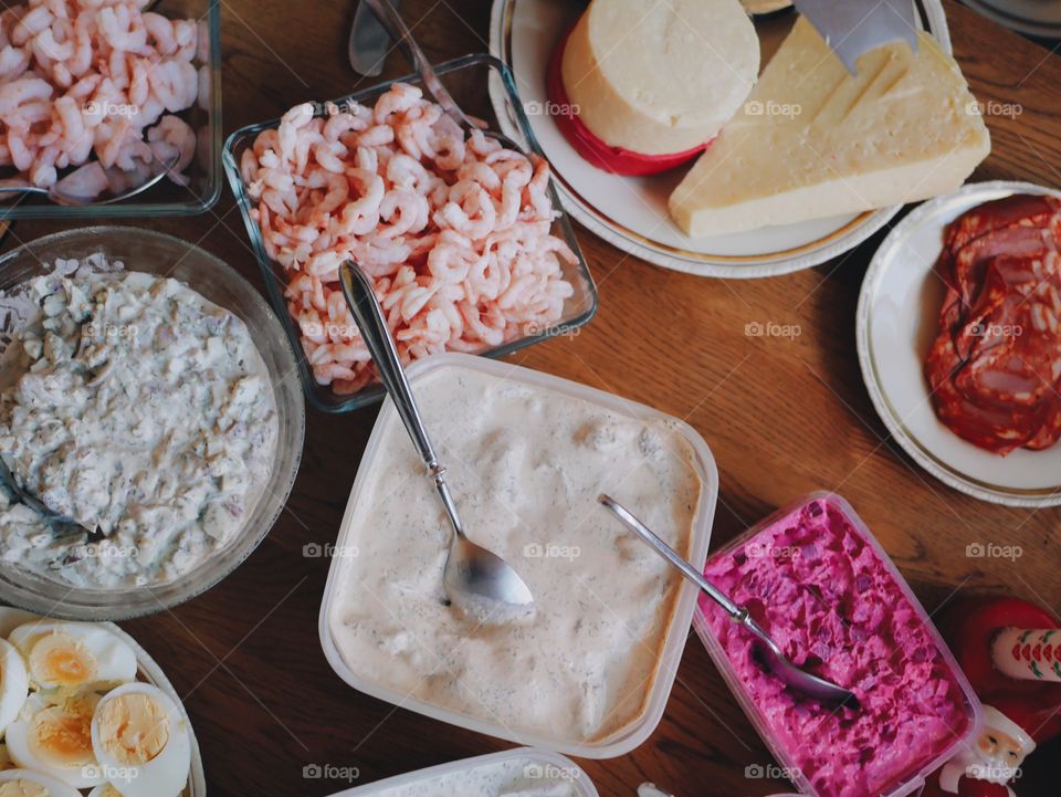 Shrimps, seafood, herring, cheese 