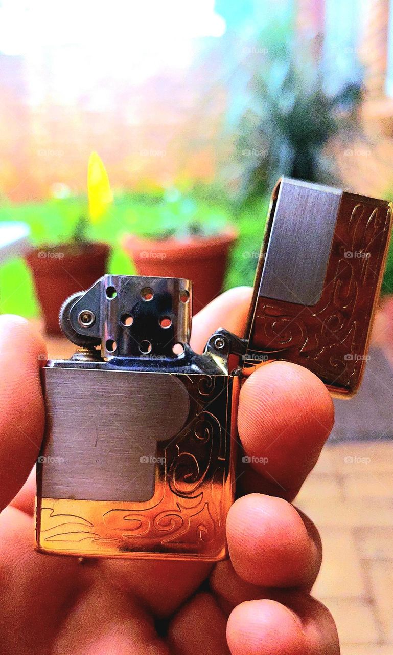 Zippo close up with fire