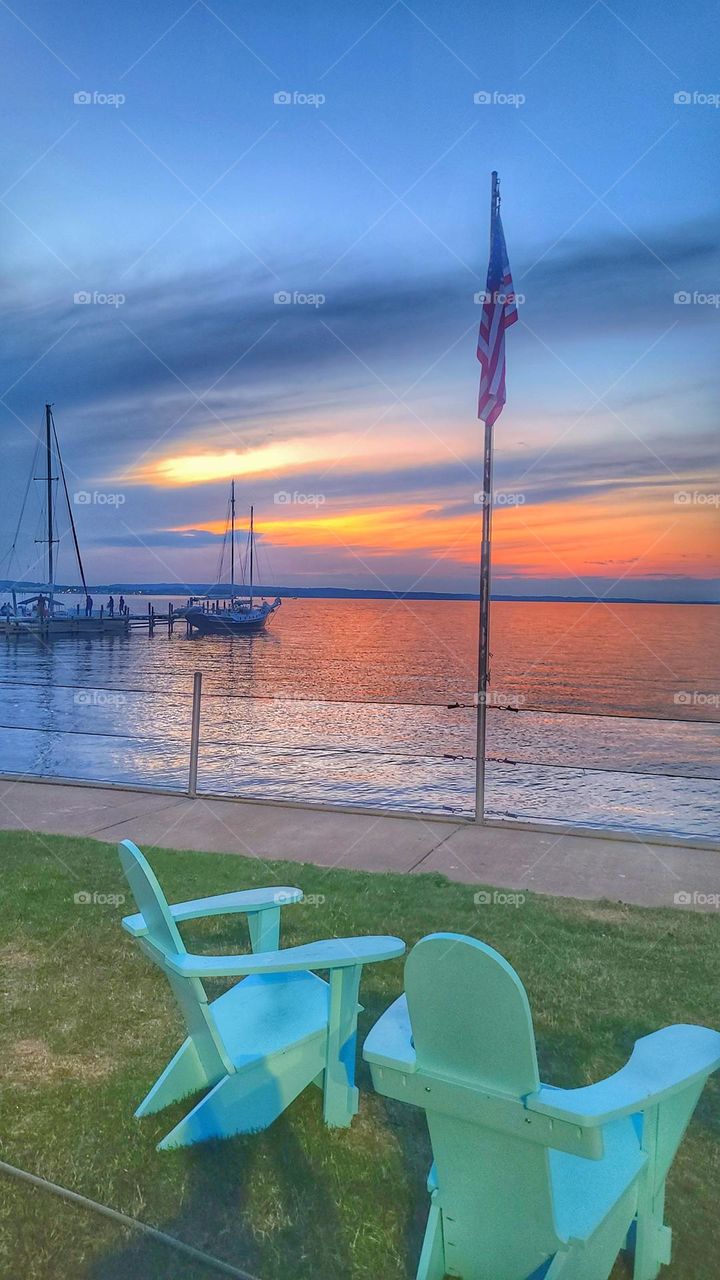 adorandak chair at sunset with USA flag