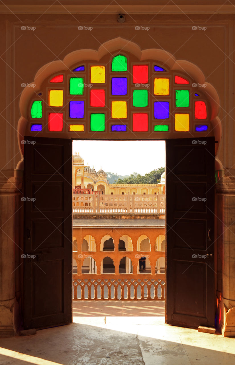 Door inside the Hawa Mahal with colourful glasses