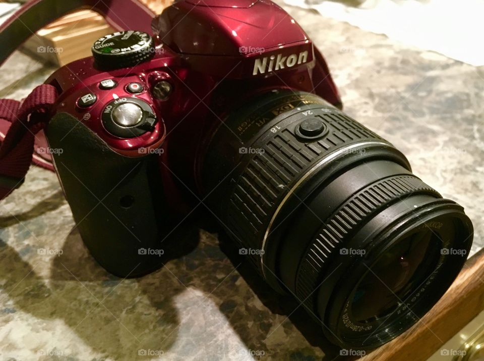 Nikon camera close up view. Model is D3300. 
