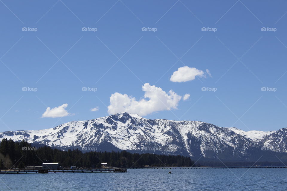 Lake Tahoe, snow covered mountains