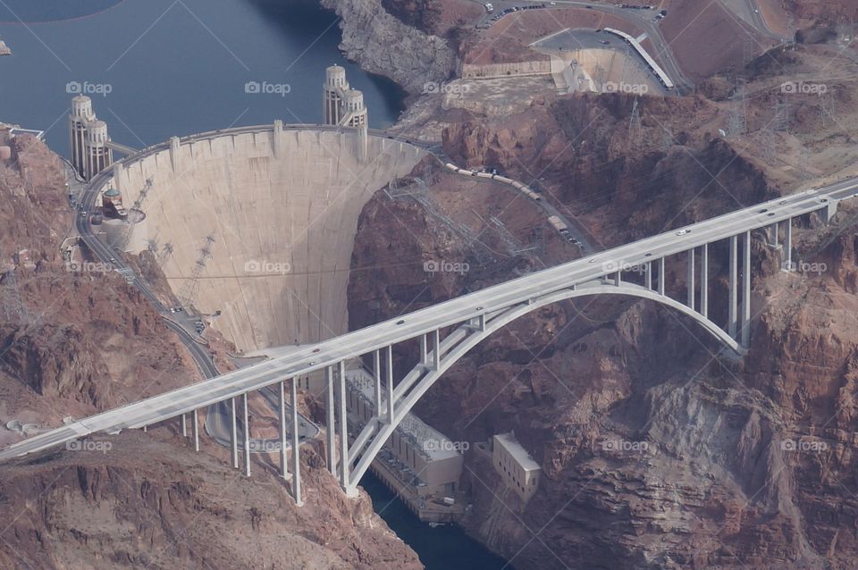 Aerial view of bridge roadway at Hoover Dam.