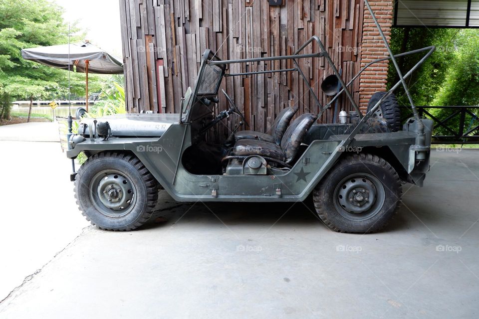 An old adventure vehicle was put up for decoration.