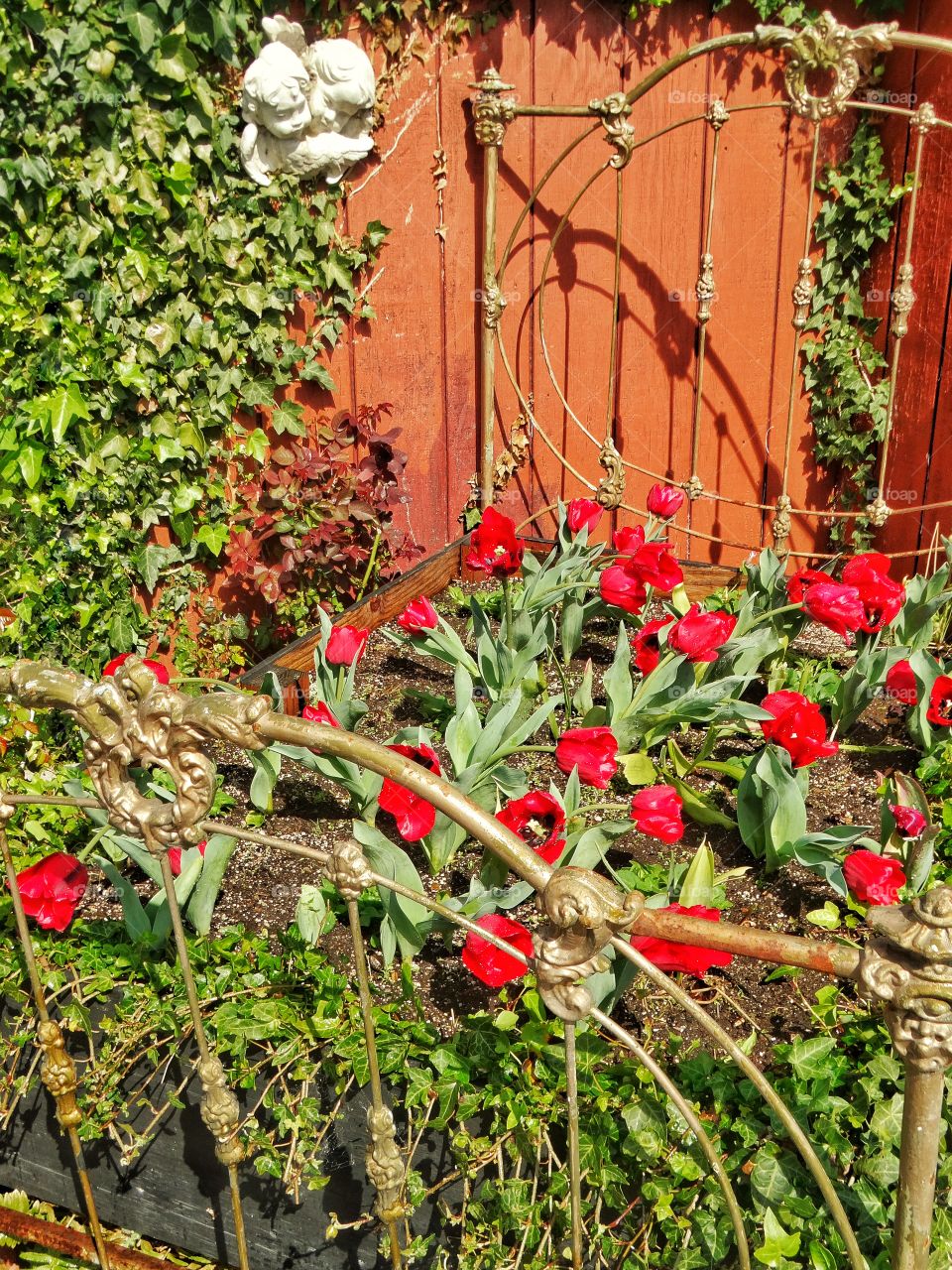 Red Tulips Planted In An Antique Bed Frame
