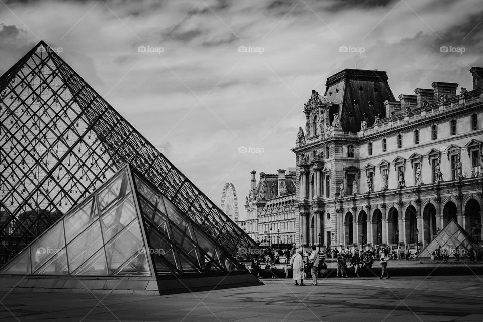 Paris in black and white. Louvre pyramid.