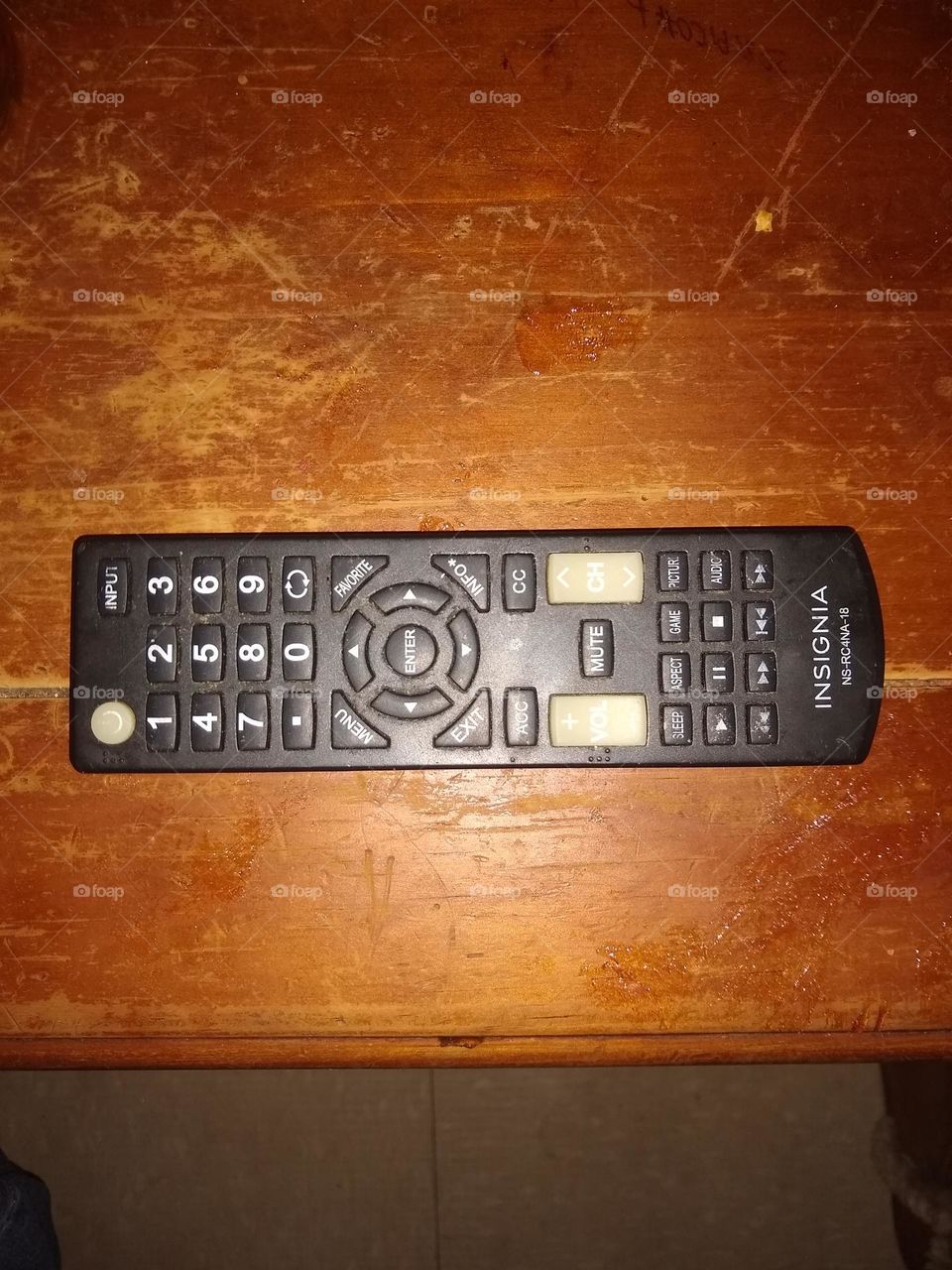 Photo of a remote control. Usually rectangular in shape.
