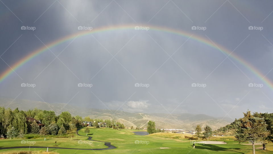 Rainbow over green field