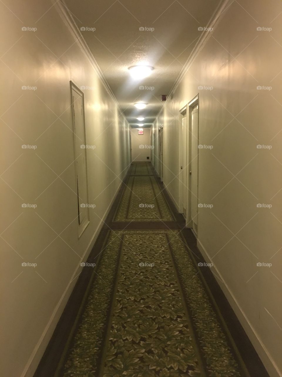 The empty hallway inside the hotel we stayed at in New York. A very Art Deco building, but somewhat falling apart inside.