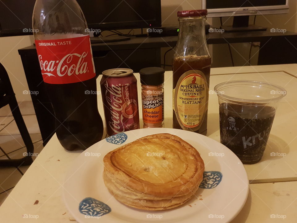 cheese burger pie with my coke in my kfc glas