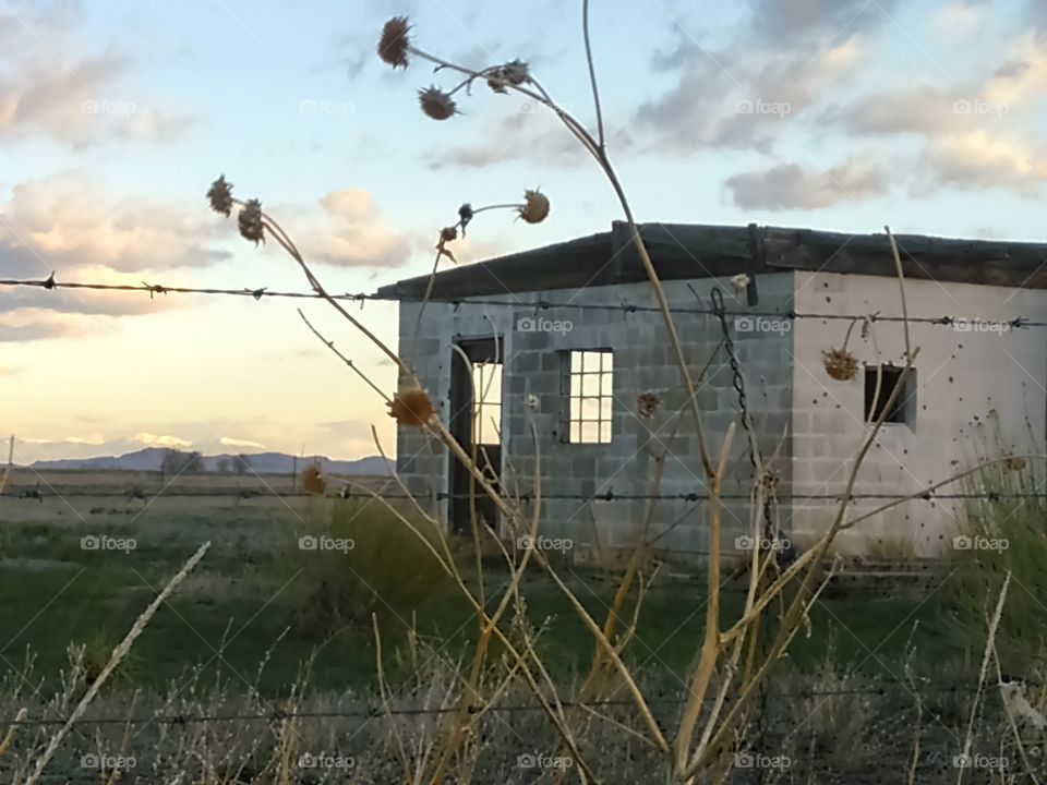 Concrete block abandoned house on farm field