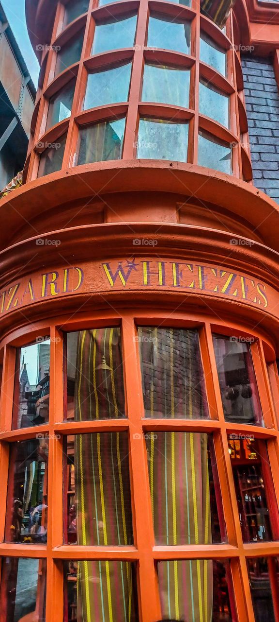 The Harry Potter side of universal studio, the weasley brothers store outside