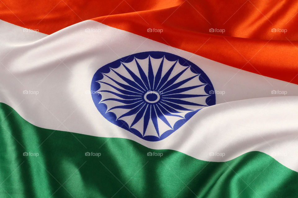 Closeup of Indian flag. Tricolor India flag in Satin fabric