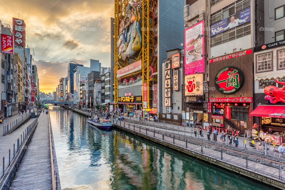 Sunset along dotonburi canal, Osaka, Japan