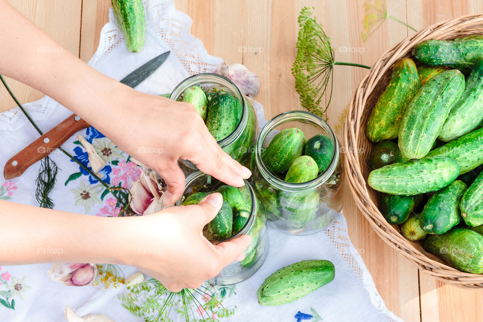 Pickling cucumbers. Pickling cucumbers with home garden vegetables and herbs