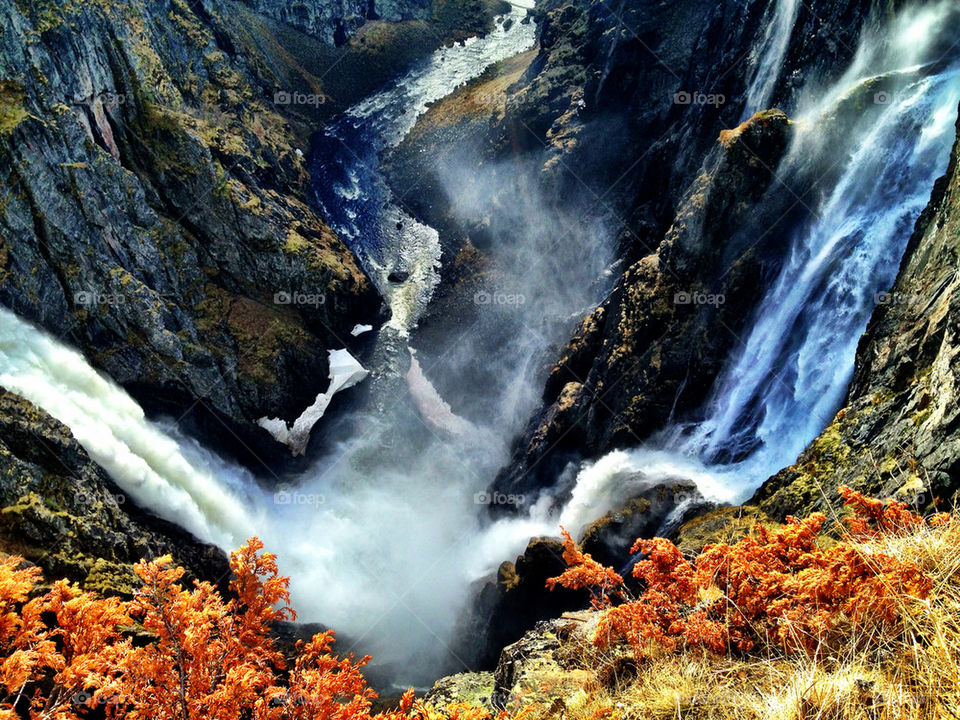 High angle view of waterfall in autumn