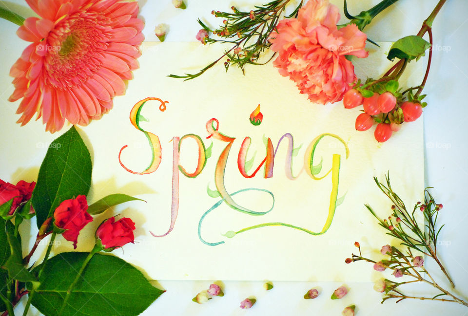 Spring, tilted, sign, flat lay, on white background, floral border, bloom, flowers, watercolor, lettering, bud, creative, typography