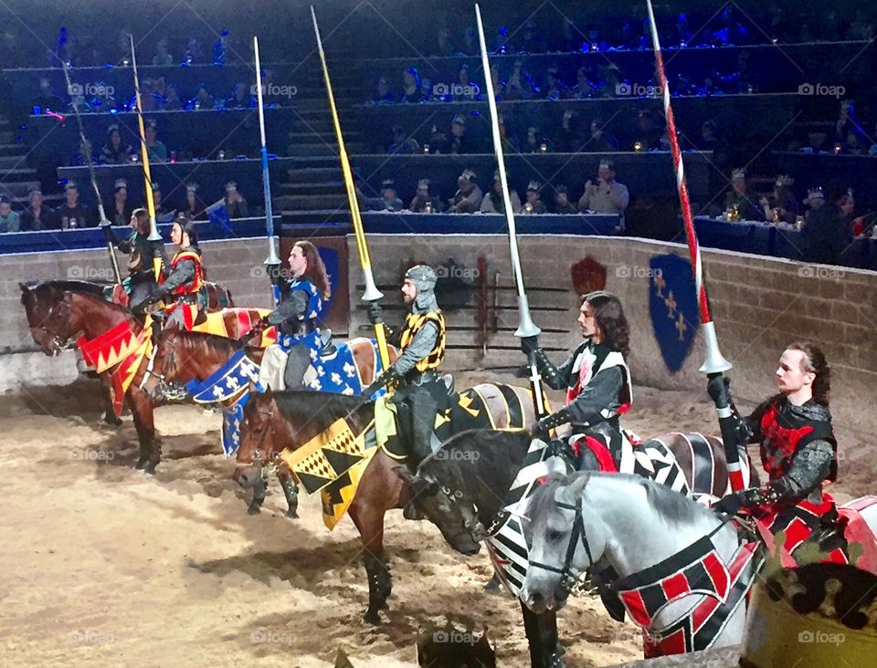 Medieval knights on horseback in royal tournament 