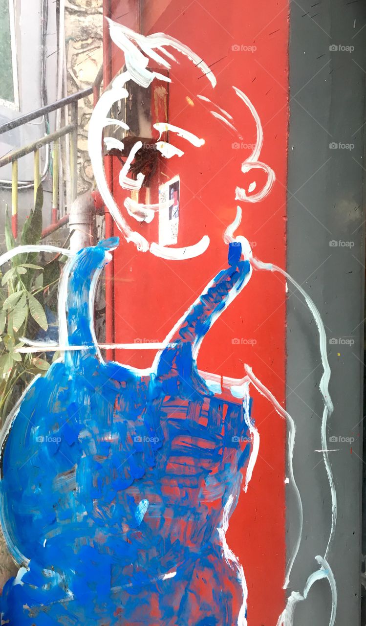 Graffiti Street Art on Window in Dafen Oil Painting Village - Shenzhen, China