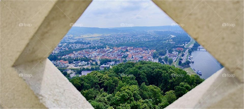 The diamond shaped window is part of the classical architecture of “Liberation Hall” by “Kelheim”, Bavaria on the “Danube”. It was built by King “Ludwig I” in 1815 to celebrate Germany’s victory over “Napoleon”. 2024. Hypnotic Productions