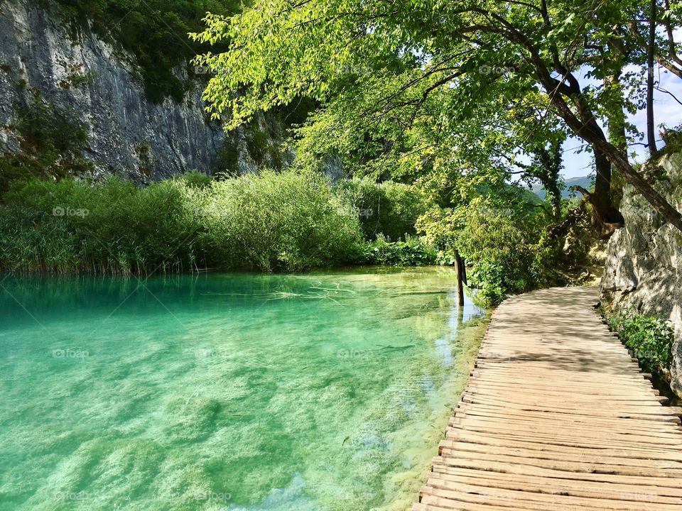 Wooden way of splitvice national park of Croatia emeral water lake