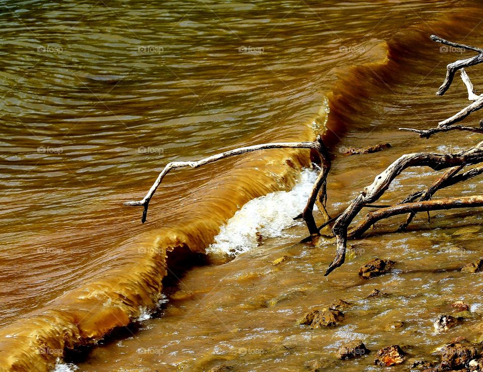 waves crashing on the shore with driftwood.