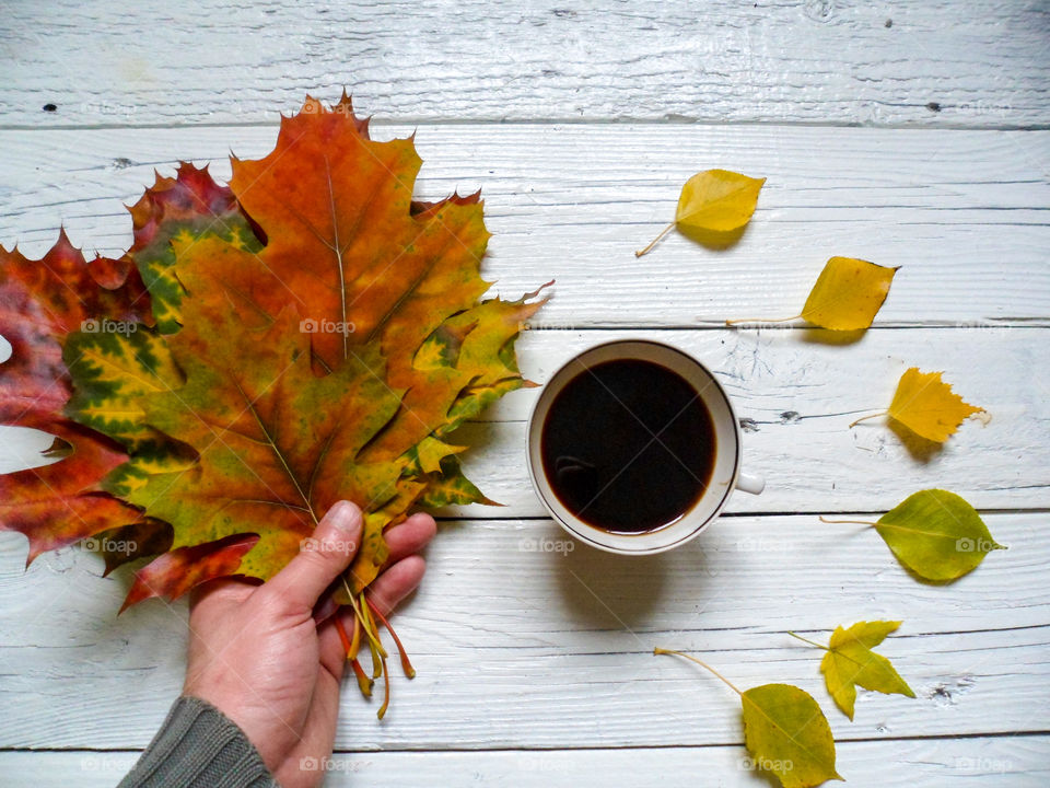 cup of coffee and a multi-colored autumn foliage
