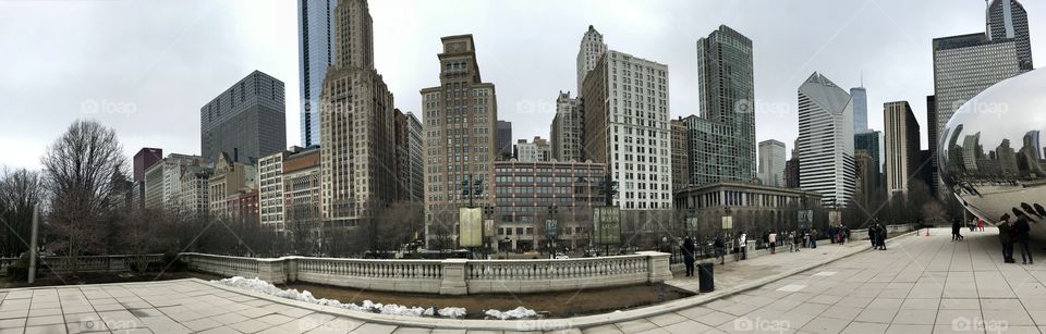 Chicago skyline and Cloud Gate sculpture: seems gray, but look close and you’ll see color everywhere!
