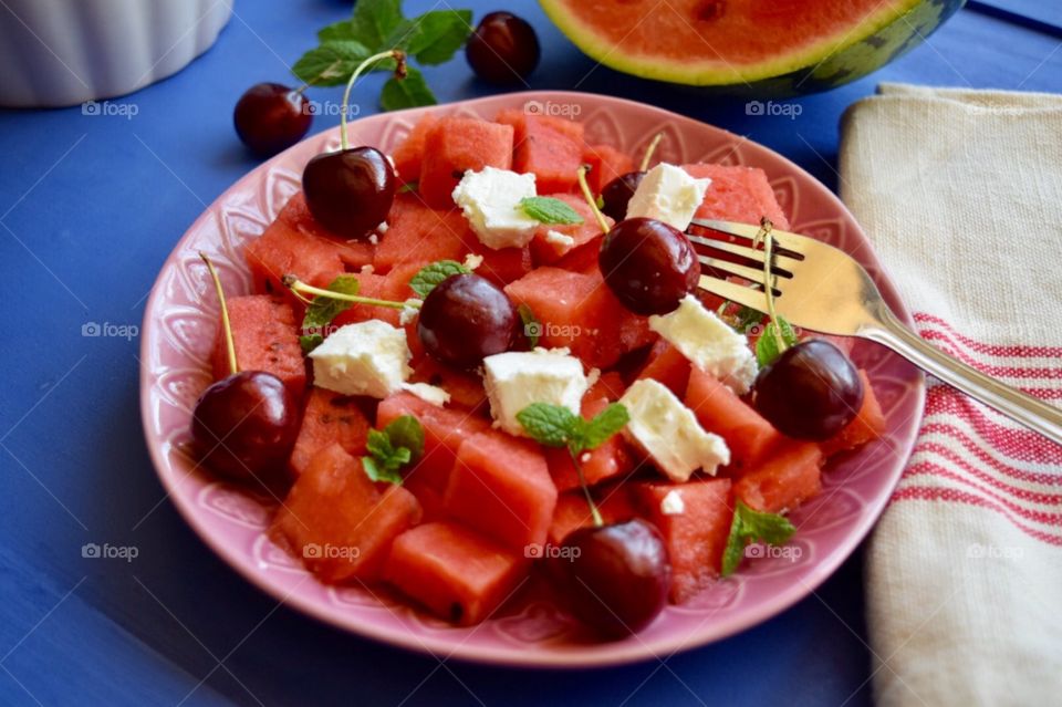 plate of salad with watermelon