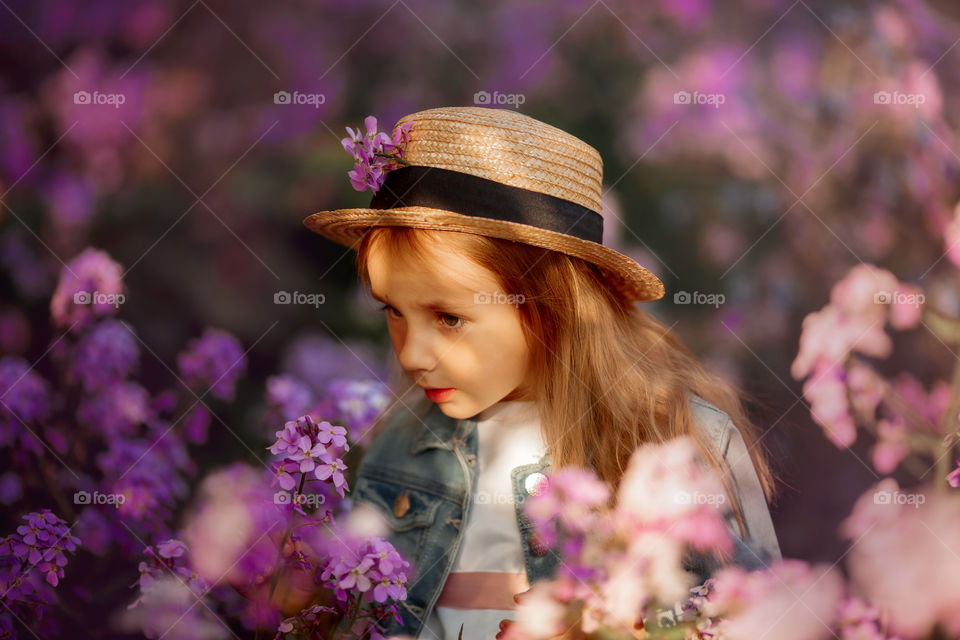 Cute little girl portrait in blossom meadow at sunset 