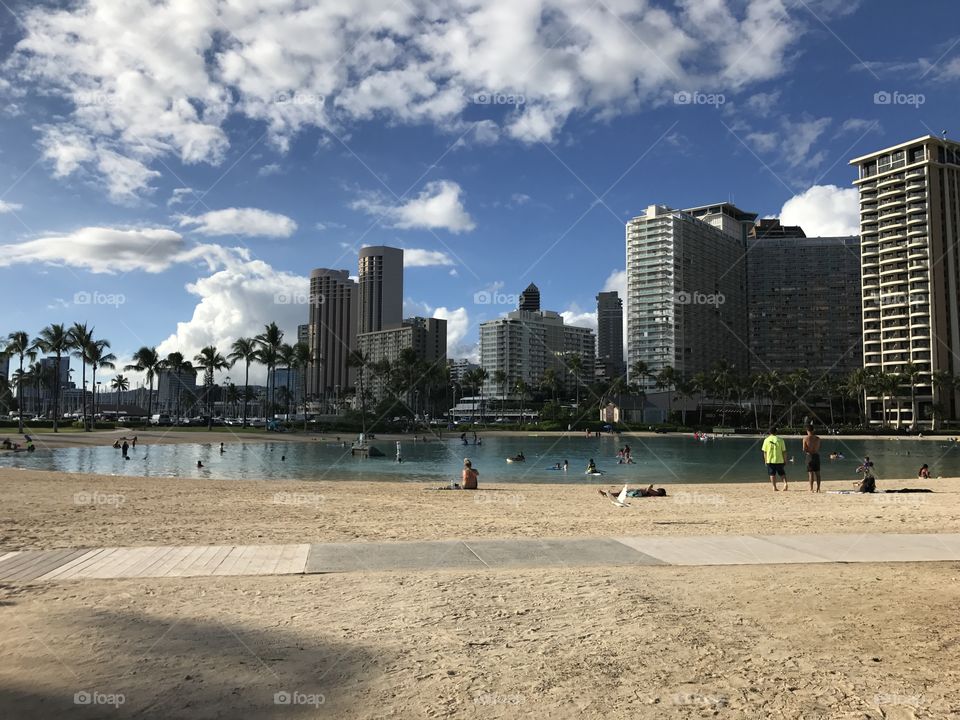 Waikiki beach view with buildings in the background. Hawaii Oahu Honolulu