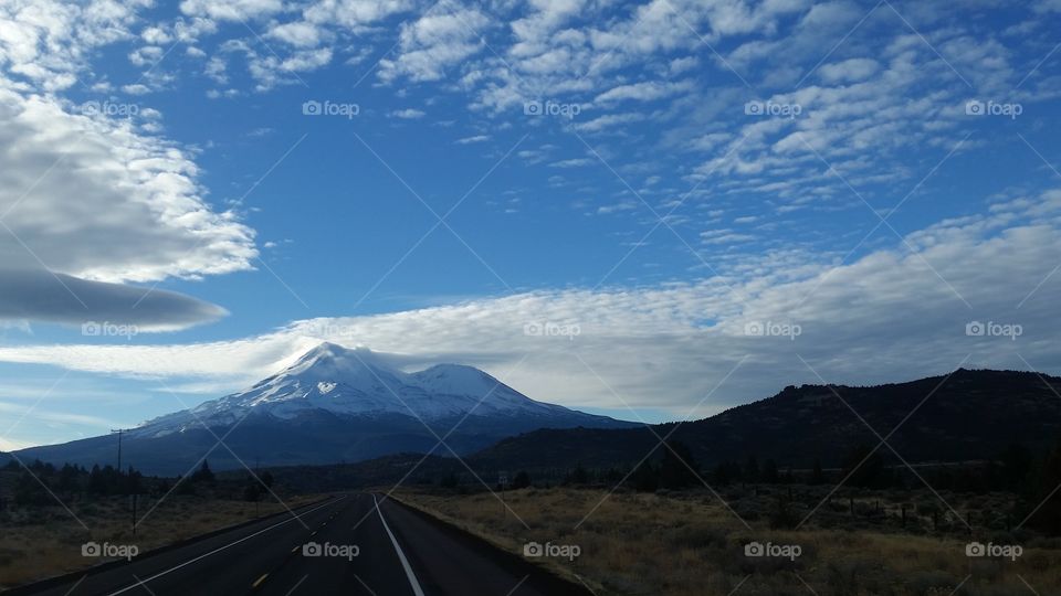 open road, Mount Shasta with clouds