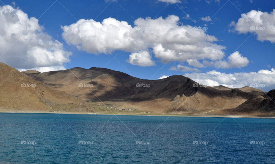 Scenic view of lake and mountains in Tibet