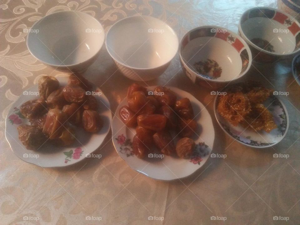 Moroccan table in Ramadan month  of fasting:  bowls and dates