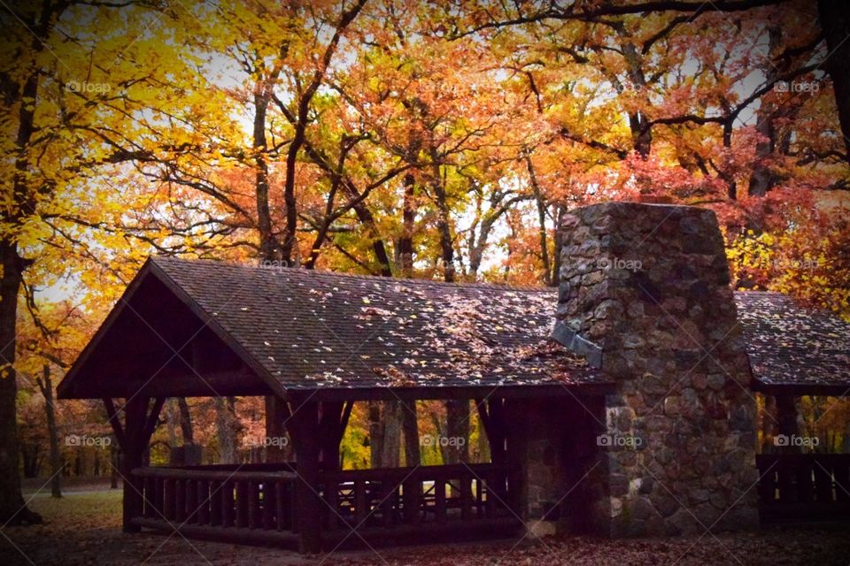 Ledges State Park shelter and Fall leaves
